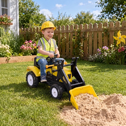 Kids ride excavator with - on,